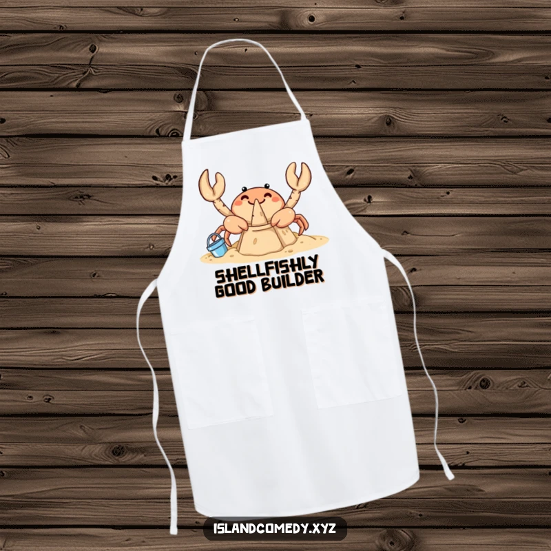 Funny crab apron showing a curious crab happily building a sandcastle, ready to cook with a smile.