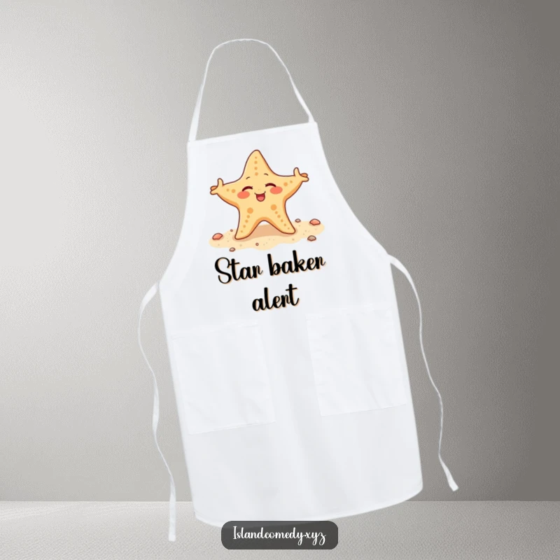 Funny starfish winking and wiggling its arms on a sandy shore, a humorous and practical apron.