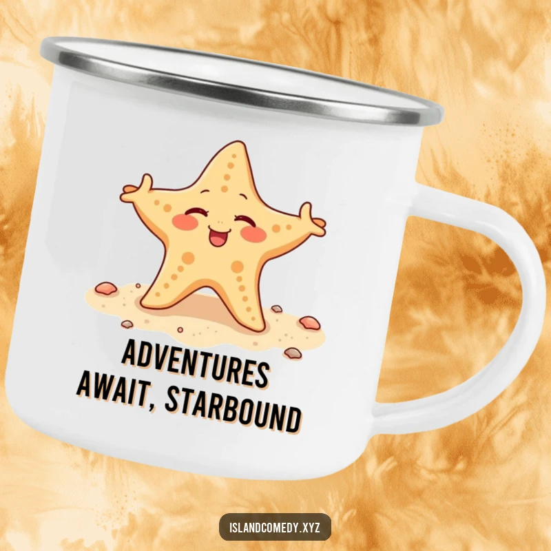 Funny starfish winking and wiggling its arms on a sandy shore, a rugged and hilarious camping mug.