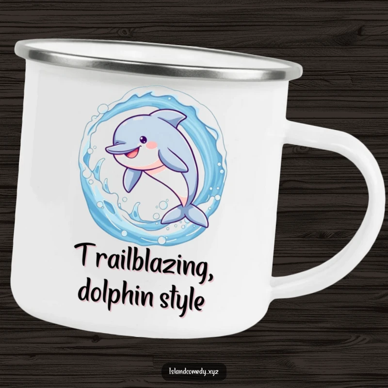 Funny dolphin in a joyful leap through a sparkling wave, a rugged and hilarious camping mug.