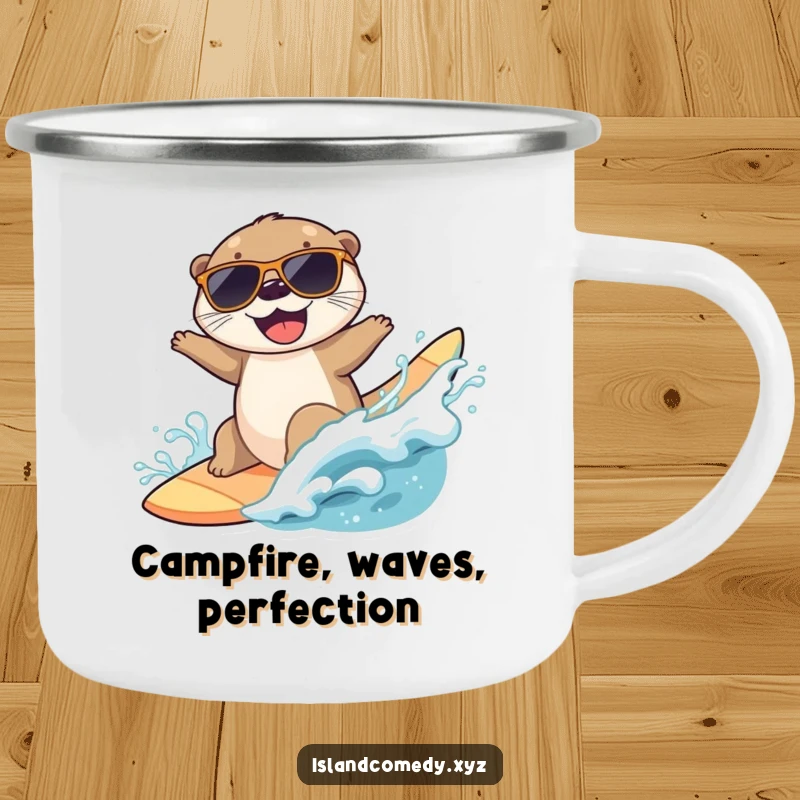 Funny camping mug with a joyful otter wearing sunglasses, surfing a wave, perfect for outdoor adventures.