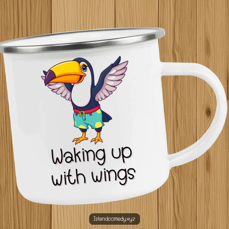 Funny camping mug with a happy toucan wearing colorful beach shorts, flapping its wings, perfect for camp adventures.