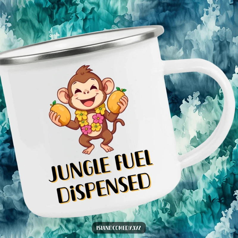 Funny camping mug with a playful monkey in a lei juggling coconuts, perfect for tropical camp adventures.