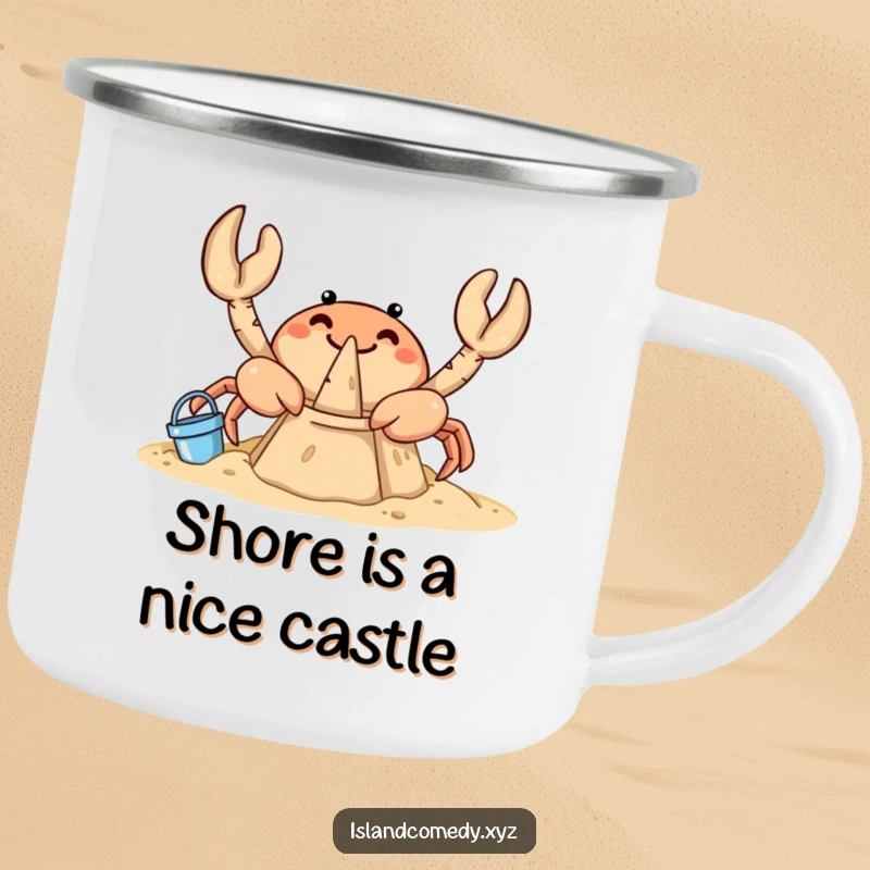 Funny crab camping mug showing a curious crab happily building a sandcastle with tiny buckets, suitable for rugged adventures.
