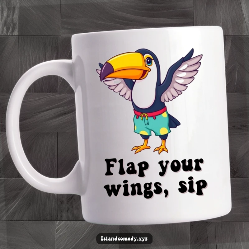 Funny toucan beach mug with a happy toucan in colorful shorts flapping its wings, a fun tropical bird gift.