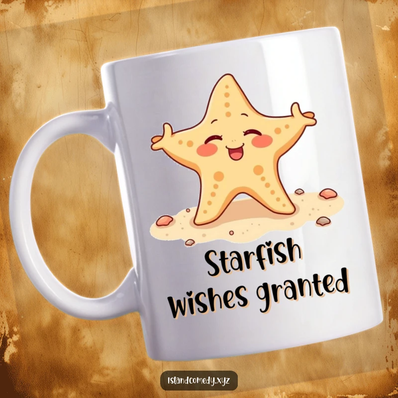 Funny winking starfish wiggling its arms playfully on a sandy shore, a delightful and humorous mug.