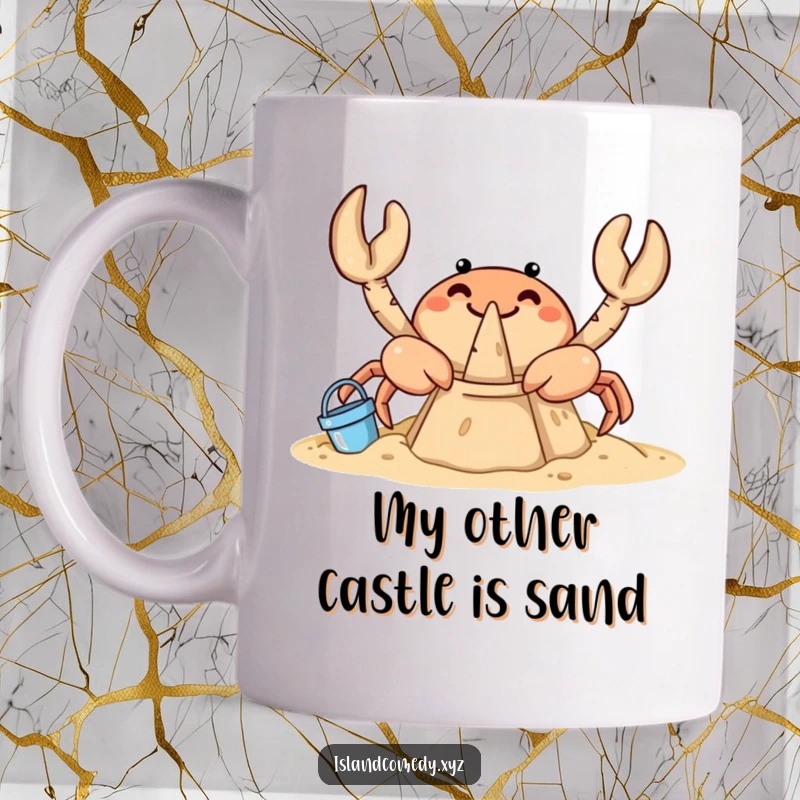Funny crab mug with a curious expression, happily building a sandcastle using miniature buckets and spades on a sunny beach.