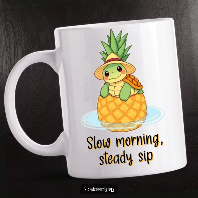 Funny turtle pineapple mug showing a relaxed turtle in a straw hat floating on a pineapple, a great vacation gift.