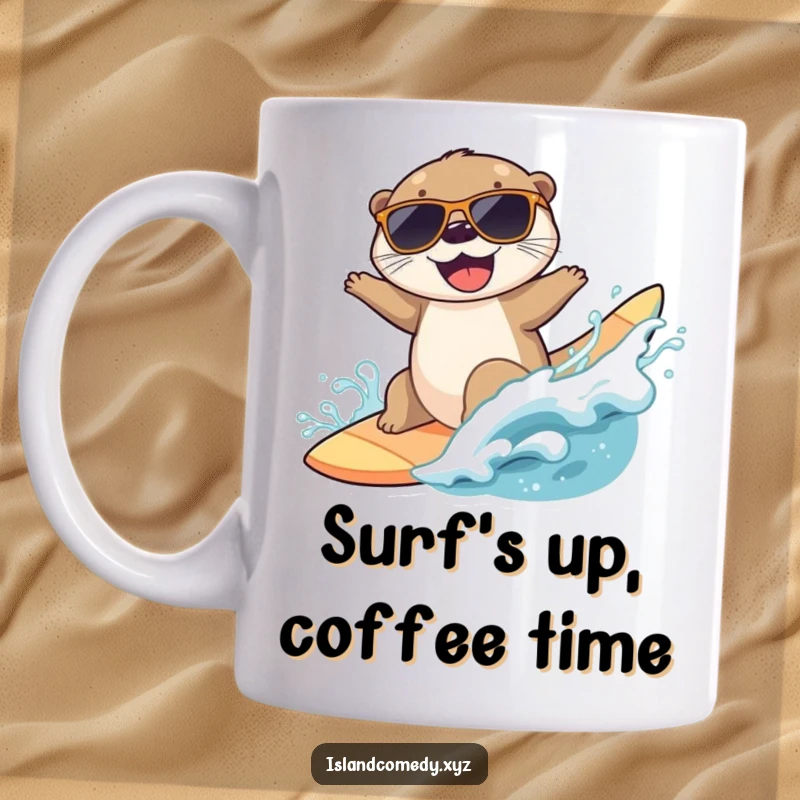 Funny otter surfing mug with a joyful otter in sunglasses riding a wave, a cool beach and ocean lover gift.