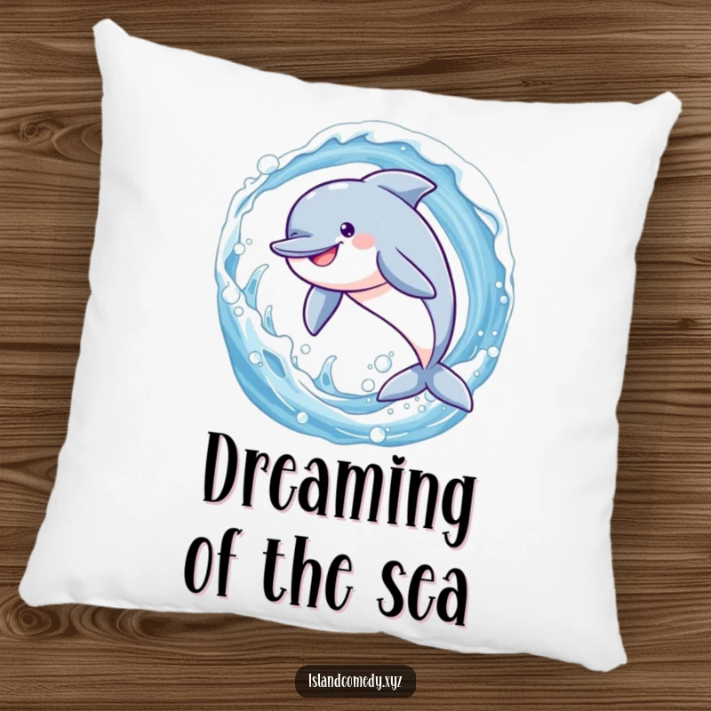 Funny dolphin jumping through a sparkling wave, soft and comfortable pillow for humorous home decor.