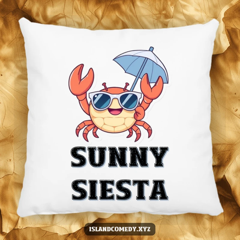 Cheerful crab wearing sunglasses and holding a tiny umbrella pillow, a soft and humorous accent for beach-themed decor.