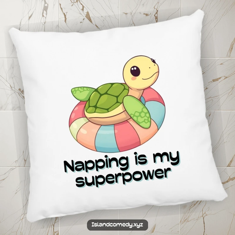 Funny sea turtle on an inner tube, depicted with a blissful expression on a soft, cozy pillow.