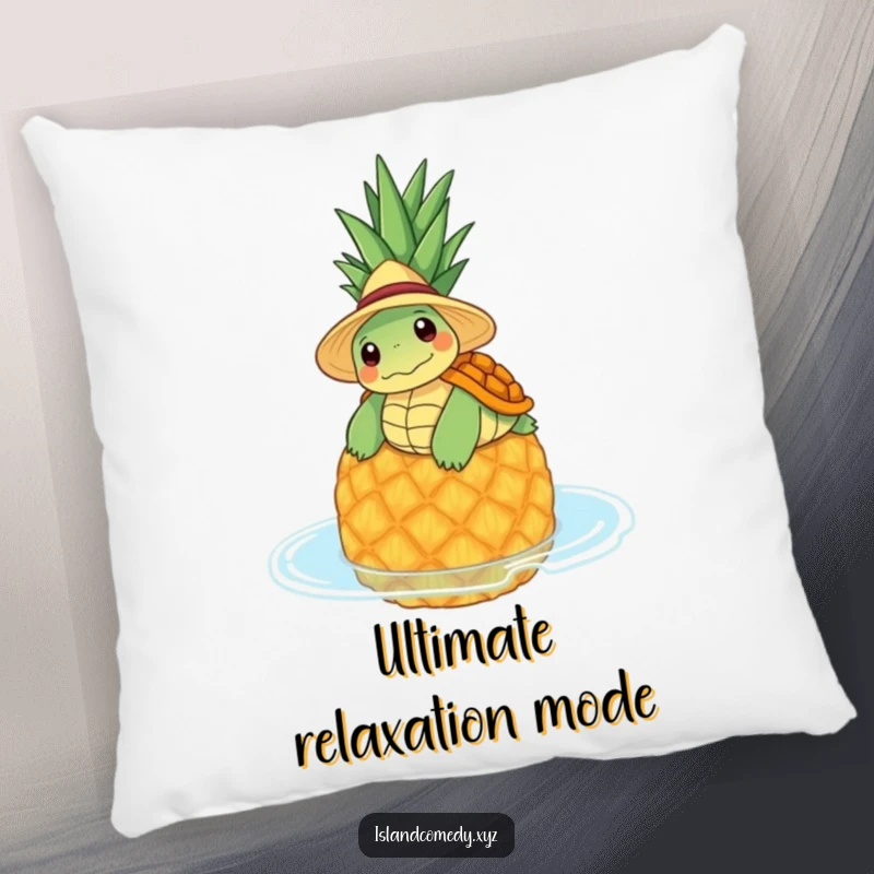 Funny turtle pineapple pillow with a relaxed turtle in a straw hat floating on a pineapple, offering cozy comfort.