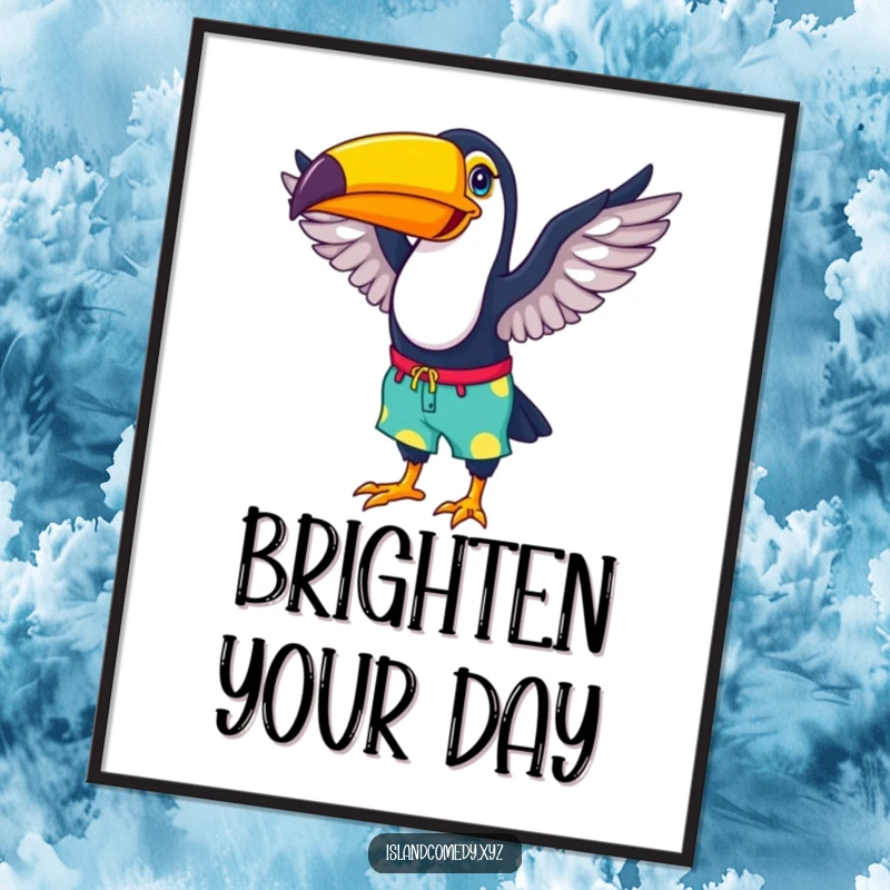 Funny digital art print of a happy toucan wearing colorful beach shorts, flapping its wings, bringing instant vibes.