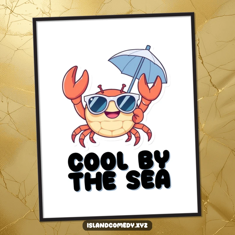 Cheerful crab wearing sunglasses and holding a tiny umbrella digital art print, a sunny and humorous illustration.