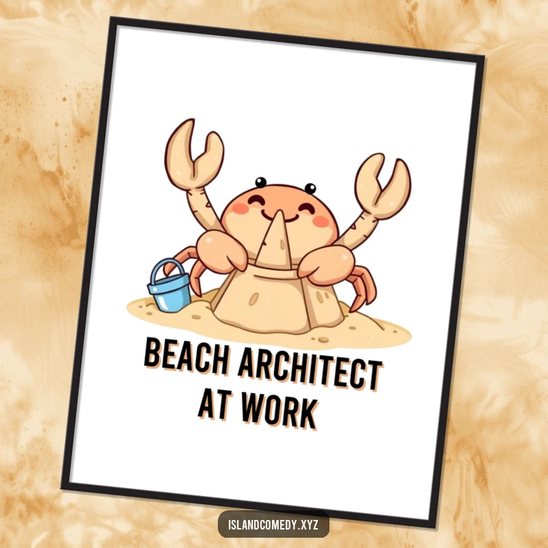 Funny crab digital art print of a curious crab joyfully constructing a sandcastle with miniature beach tools.