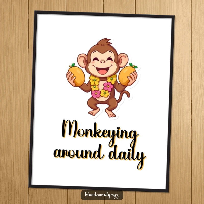Funny digital art print of a playful monkey in a lei juggling coconuts, bringing instant tropical vibes.