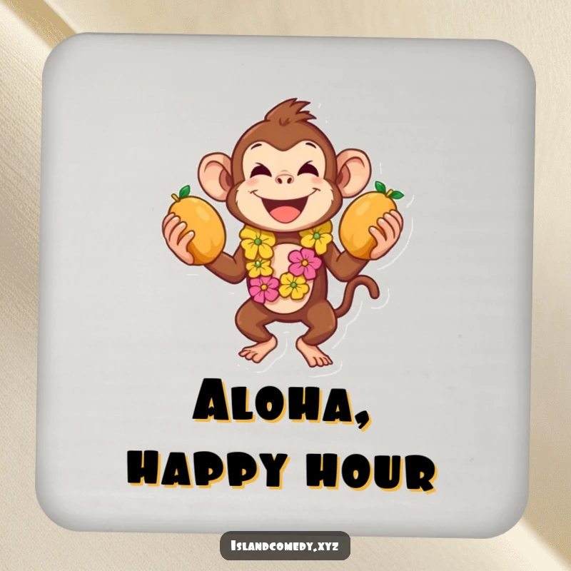 Funny drink coasters with a playful monkey in a lei juggling coconuts, adding tropical flair to tables.
