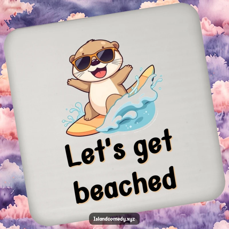 Funny drink coasters with a joyful otter wearing sunglasses, surfing a wave, adding ocean style to tables.