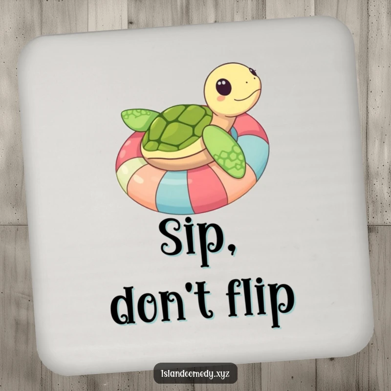 Funny sea turtle on an inner tube, a protective and hilarious drink coaster for parties and home.