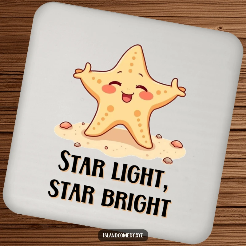 Funny starfish winking and wiggling its arms on a sandy shore, a protective and hilarious drink coaster.