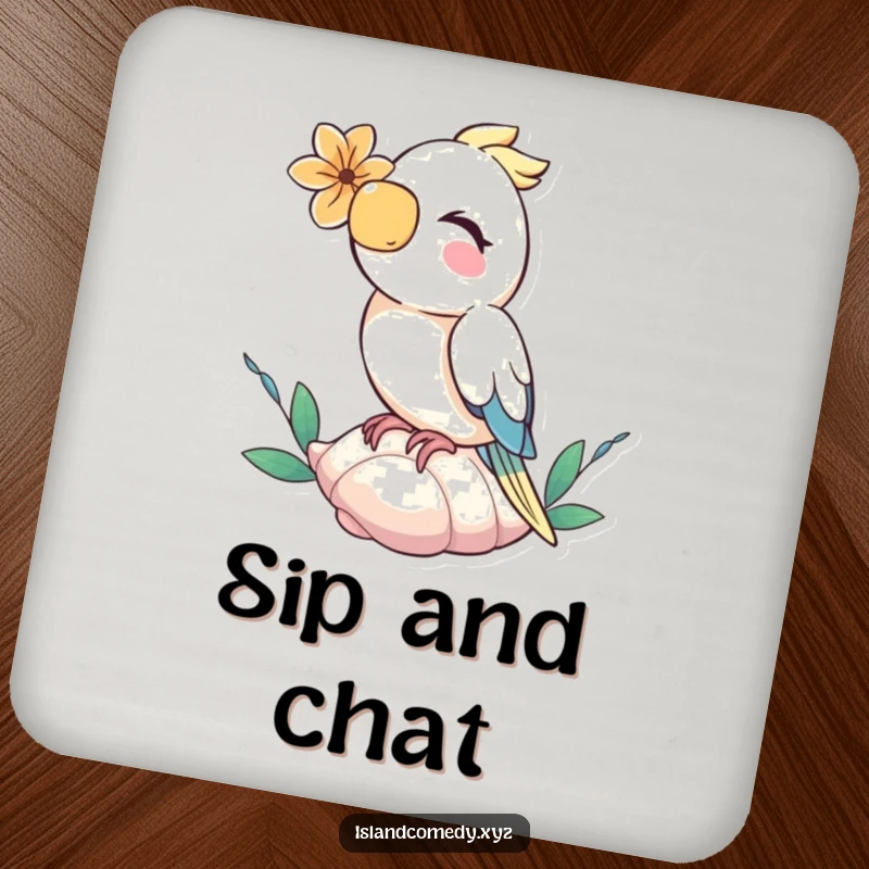 Funny parrot with a flower behind its ear, giggling on a seashell, a protective and hilarious drink coaster.