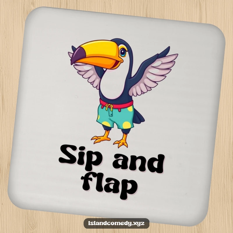Funny drink coasters with a happy toucan wearing colorful beach shorts, flapping its wings, adding tropical style.