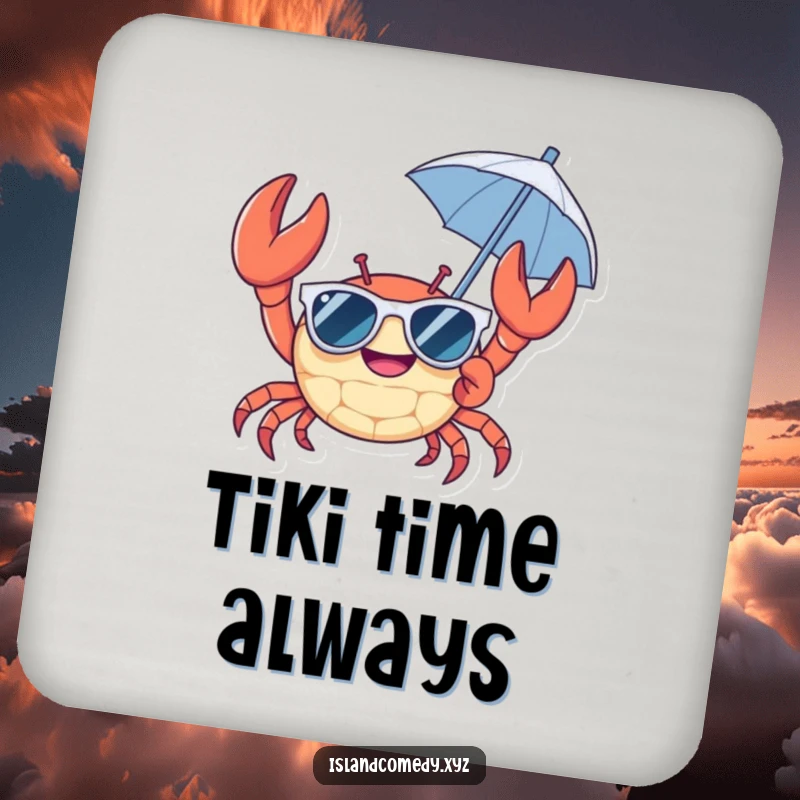 Cheerful crab wearing sunglasses and holding a tiny umbrella coasters, cute and humorous protectors for tabletops.