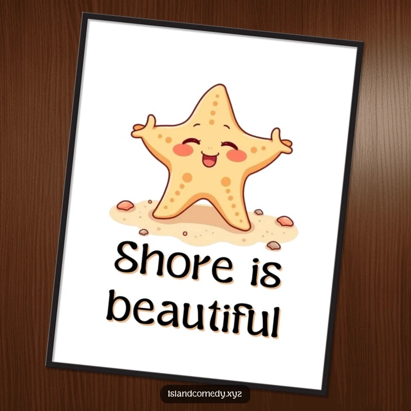 Funny starfish winking and wiggling its arms on a sandy shore, a delightful and hilarious wall art poster.