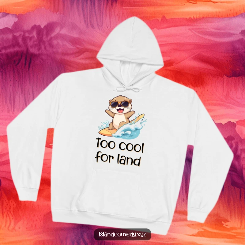 Funny hoodie with a joyful otter wearing sunglasses, expertly surfing a wave, ideal for beach lovers.