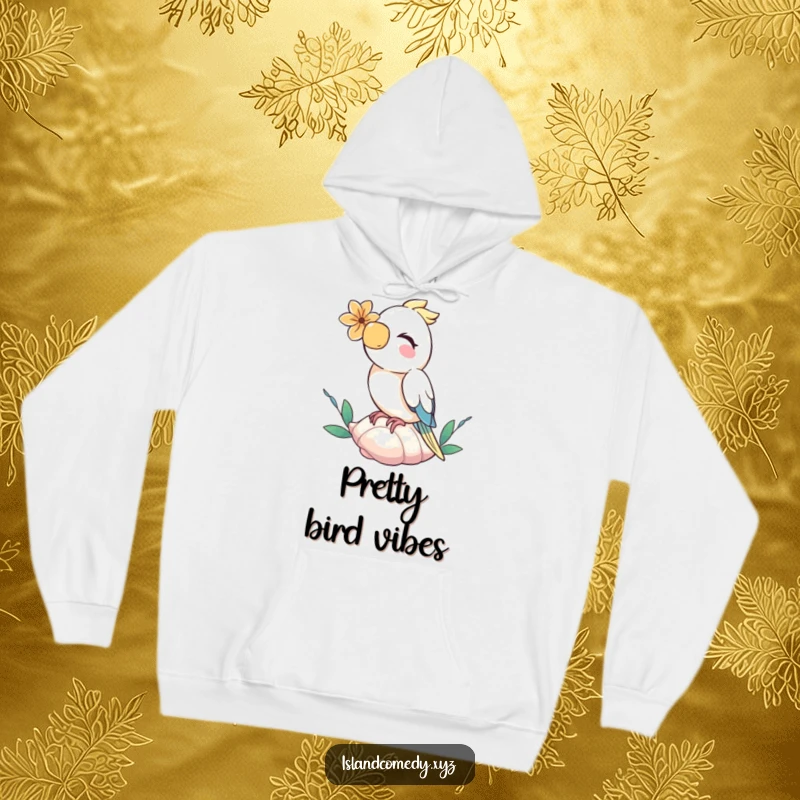 Funny parrot wearing a flower, perched on a seashell and giggling, a warm and hilarious hoodie.