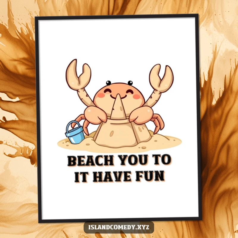 Funny Free Printable Wall Art: A curious crab focused on building an elaborate sandcastle, bringing seaside silliness to your decor.
