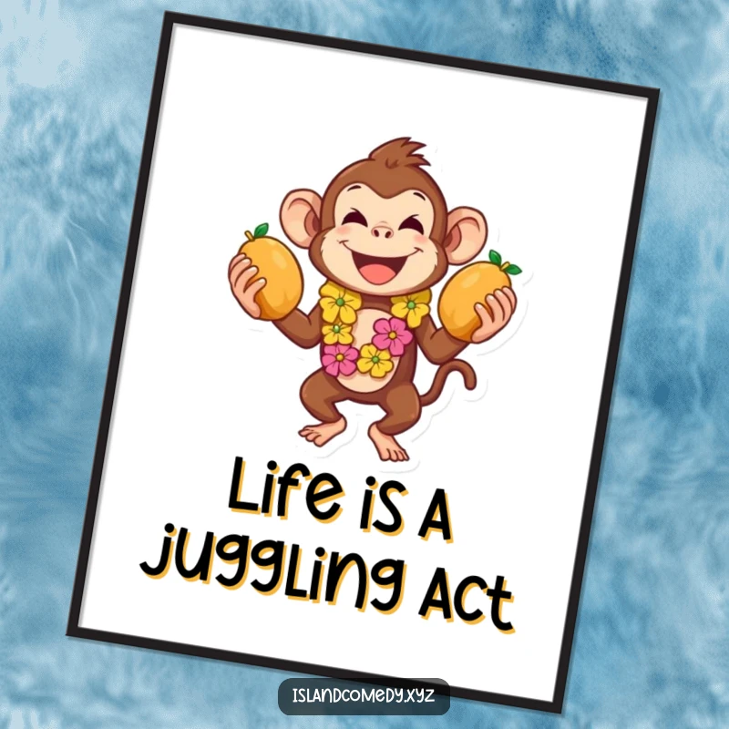 Funny Free Printable Wall Art of a playful monkey in a lei skillfully juggling coconuts, perfect for a lively space.