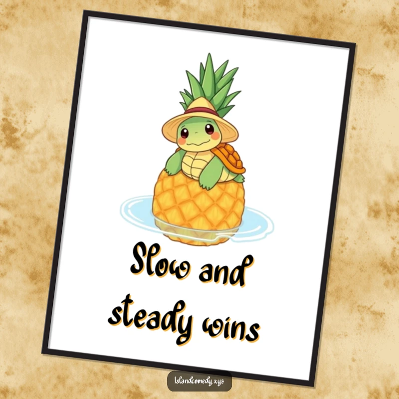 Funny Free Printable Wall Art of a content turtle in a straw hat lazily floating on a pineapple, evoking peaceful vibes.