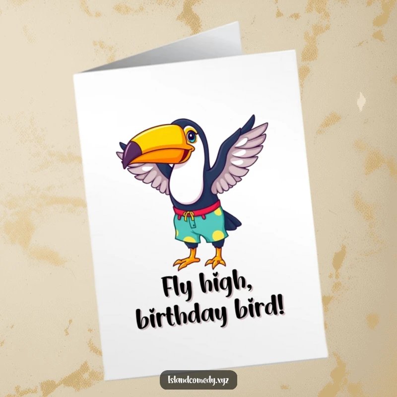 Funny Free Printable Birthday Card featuring a happy toucan in colorful beach shorts, enthusiastically flapping its wings.
