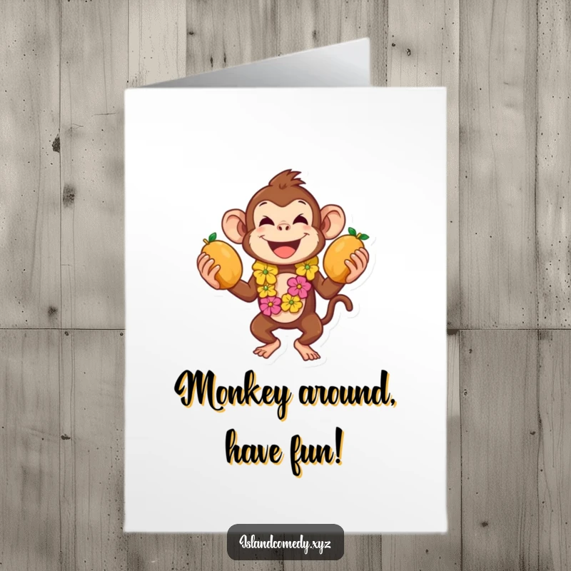 Funny Free Printable Birthday Card featuring a playful monkey in a lei, cheerfully juggling coconuts with glee.