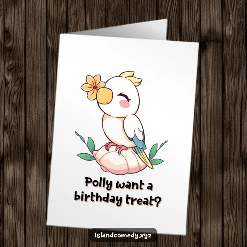 Funny Free Printable Birthday Card of a giggling parrot with a flower, ready to wish a happy birthday.