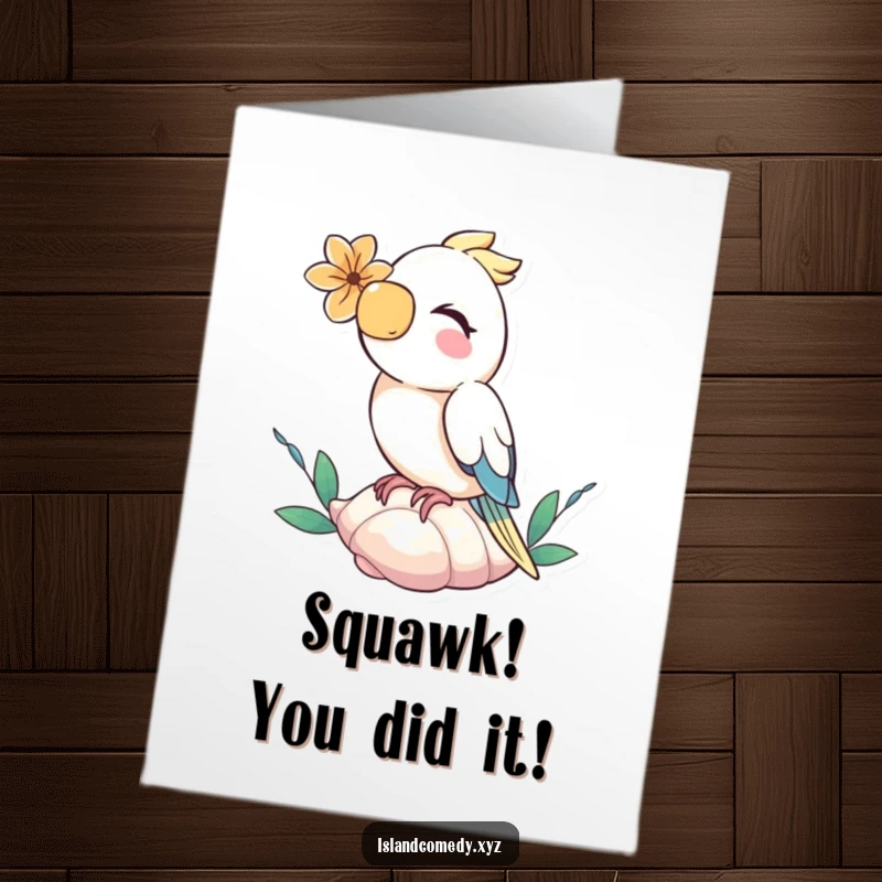 Funny Free Printable Congratulations Card featuring a giggling parrot with a flower, celebrating an achievement.