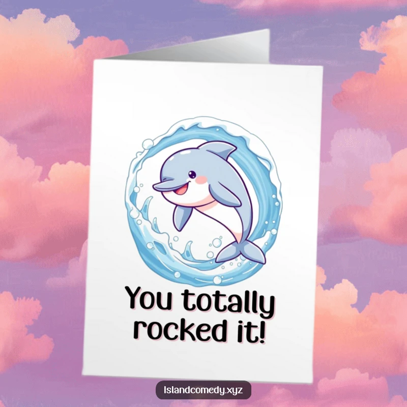 Funny Free Printable Congratulations Card featuring a smiling dolphin jumping through a sparkling wave, celebrating success.