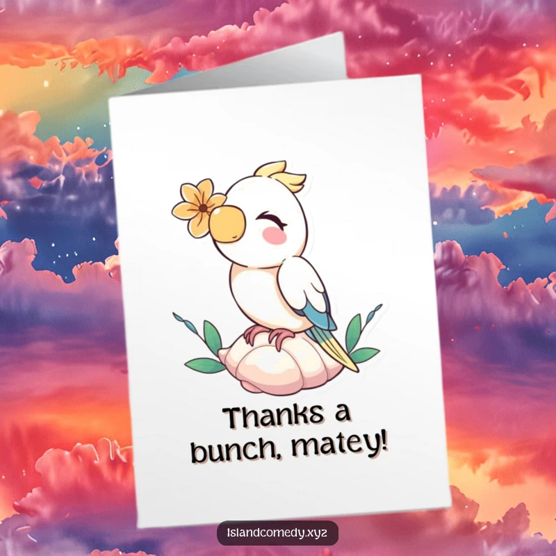 Funny Free Printable Thank You Card showing a giggling parrot with a flower, perfect for expressing thanks.