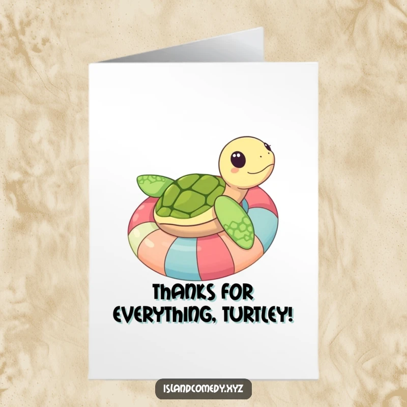 Funny Free Printable Thank You Card with a happy sea turtle on an inner tube, perfect for expressing thanks.