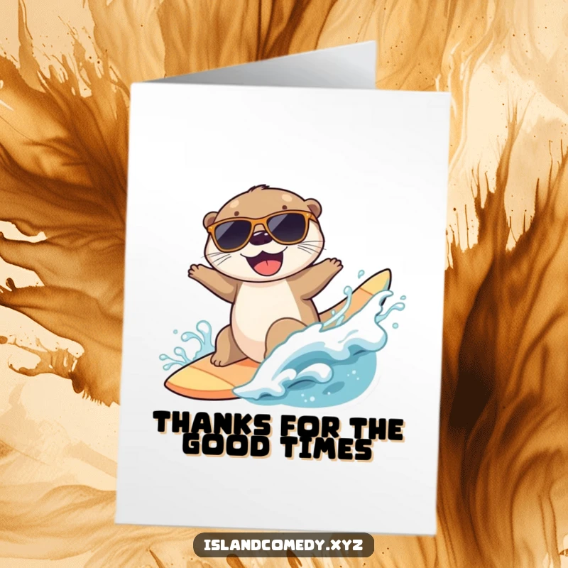 Funny Free Printable Thank You Card of a joyful otter in sunglasses surfing a wave, expressing thanks with cool vibes.