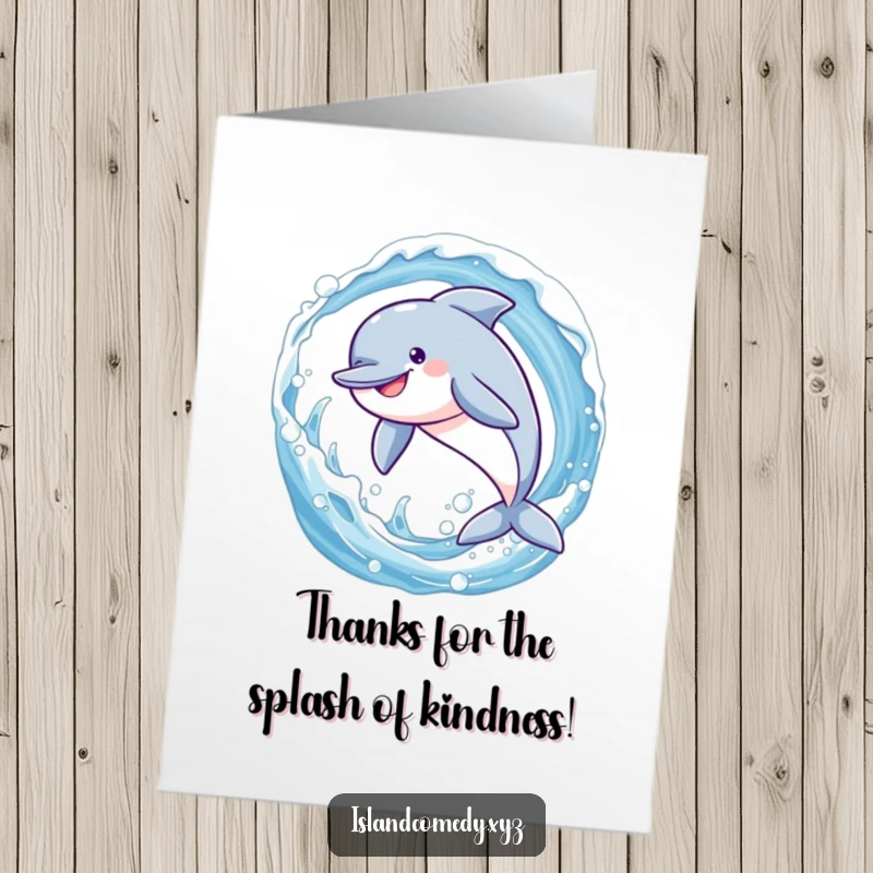 Funny Free Printable Thank You Card with a smiling dolphin leaping through a sparkling wave, expressing thanks.