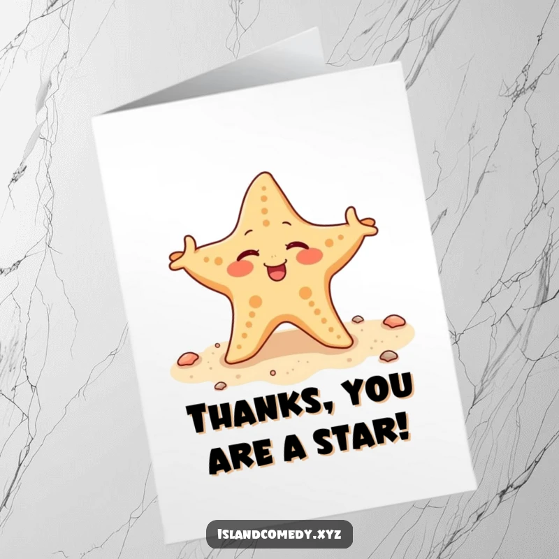 Funny Free Printable Thank You Card of a winking starfish wiggling its arms on the sand, expressing thanks.