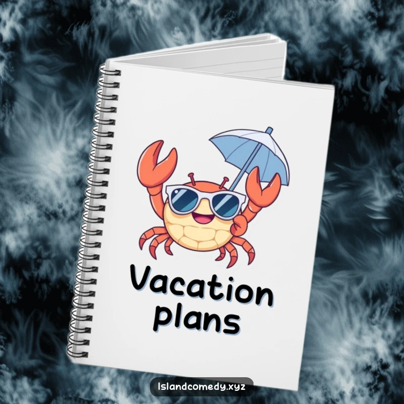 Cheerful crab wearing sunglasses and holding a tiny umbrella notebook, a delightful journal for vacation notes and ideas.