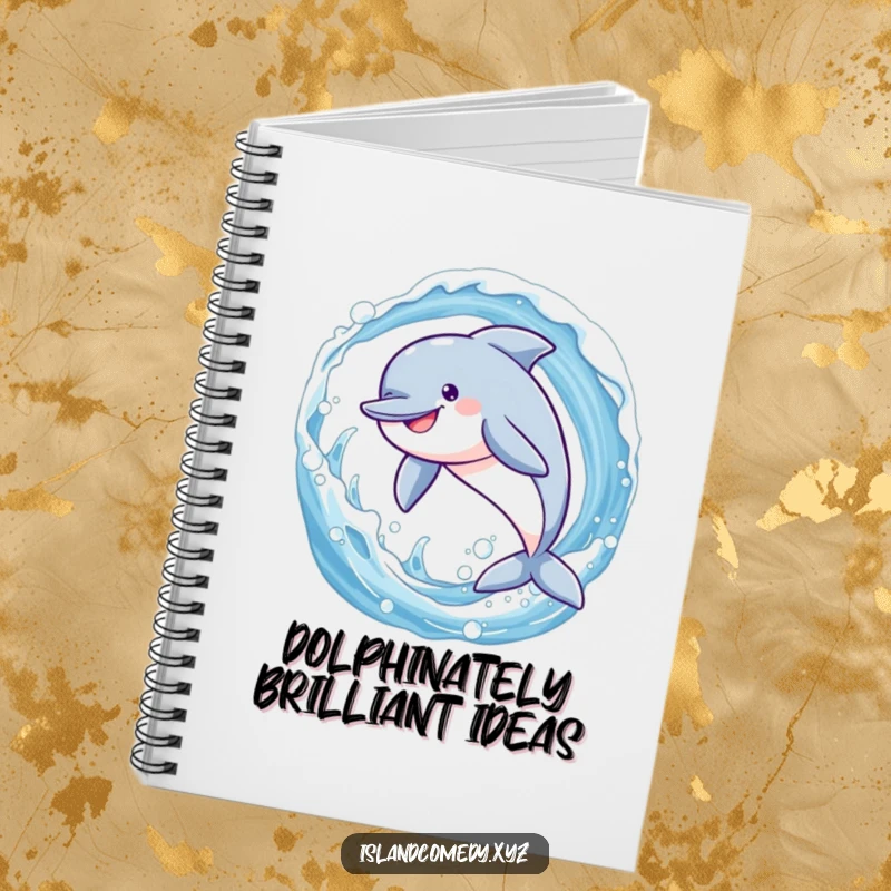 Funny dolphin leaping joyfully through a sparkling wave, a stylish and hilarious notebook for everyday use.