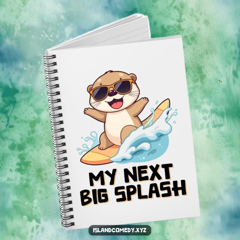 Funny notebook with a joyful otter in sunglasses surfing a wave, ideal for capturing notes and bright ideas.