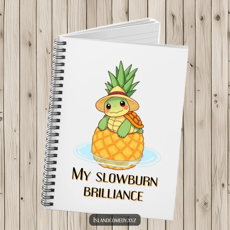 Funny notebook featuring a content turtle in a straw hat floating on a pineapple, perfect for jotting ideas.