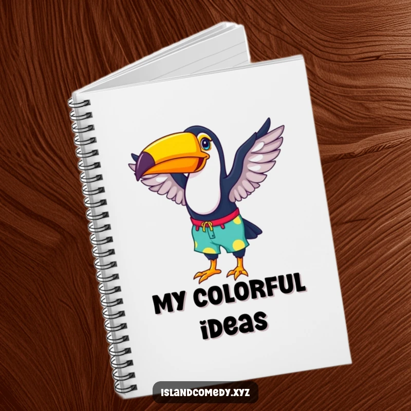 Funny notebook featuring a happy toucan wearing colorful beach shorts, flapping its wings, perfect for jotting ideas.
