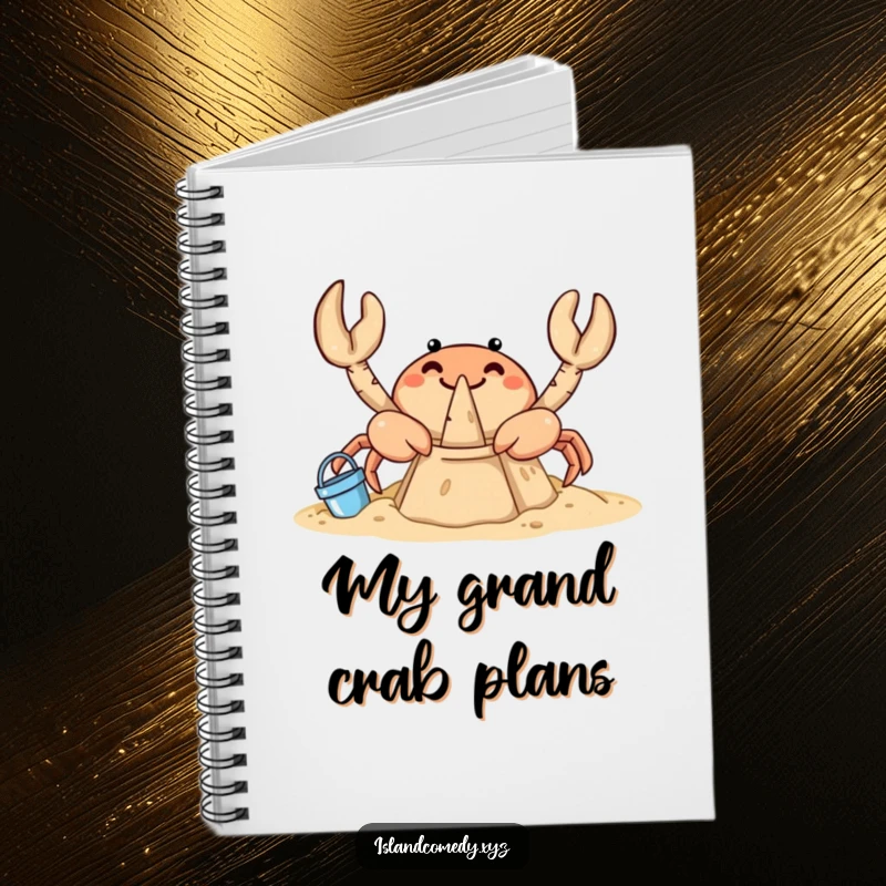 Funny crab notebook illustration of a curious crab building a sandcastle, ready to jot down beach day dreams.